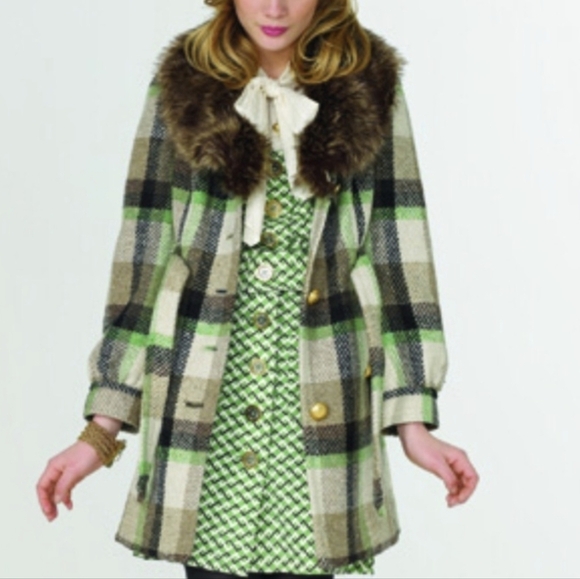 Juicy Couture Y2K Wool Plaid Coat with Faux Fur Collar Belted Gold Buttons Sz P - Picture 2 of 16